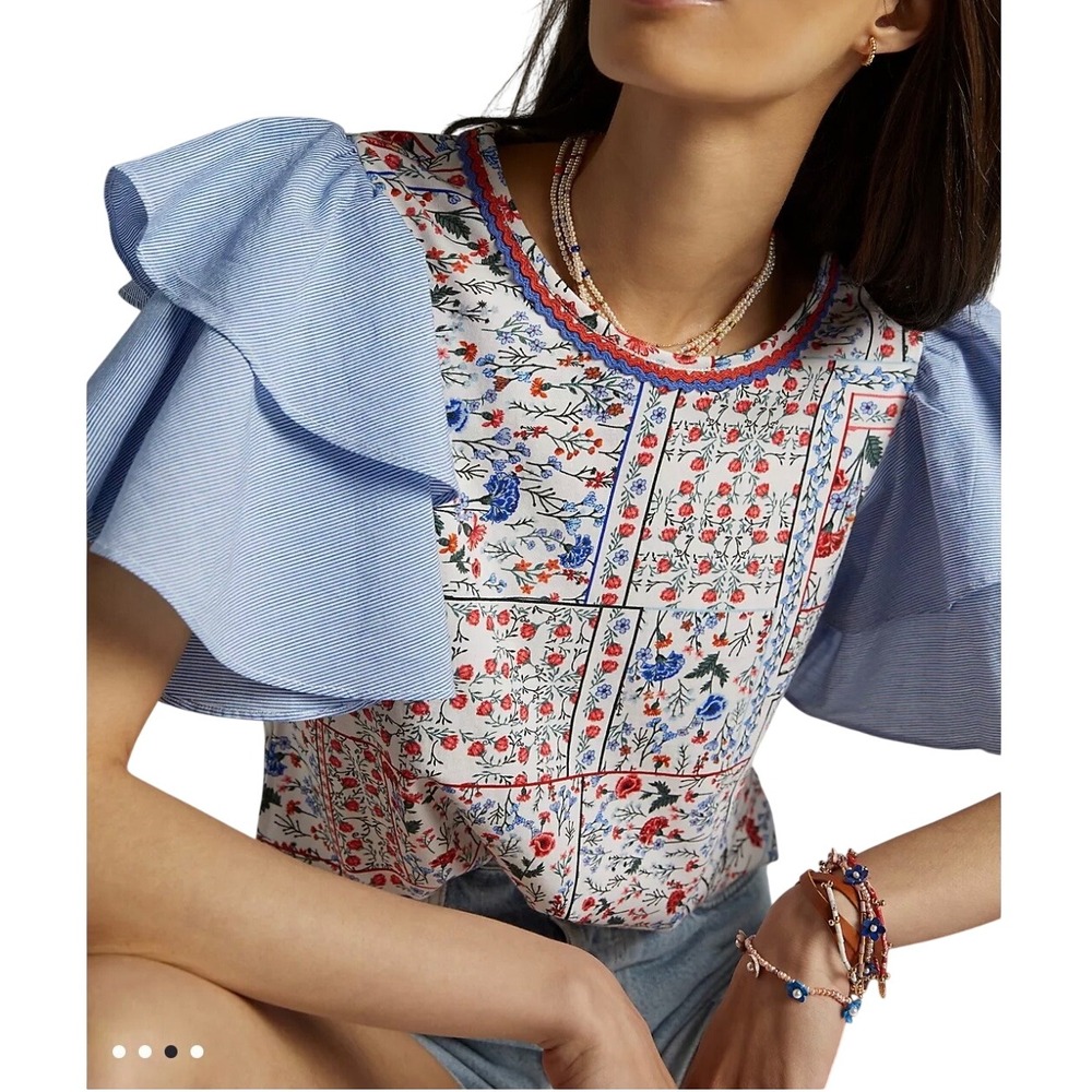 Anthropologie Let Me Be Flutter‎ Sleeve Top Patchwork Floral Size XS Cotton Boho - Picture 10 of 11